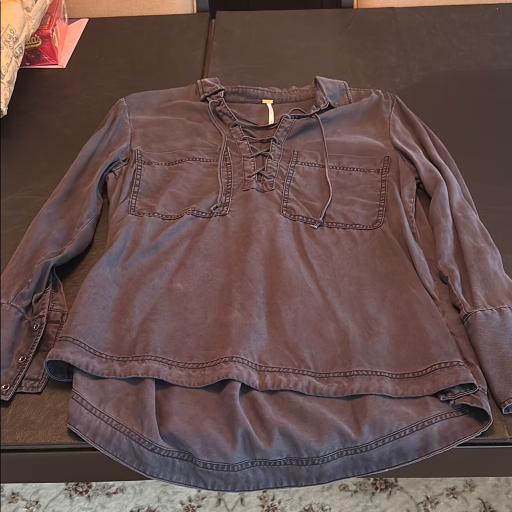 Free People Gray Lace-Up Top